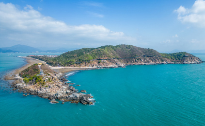 海南三亚西岛海洋文化旅游区蓝天白云下的牛
