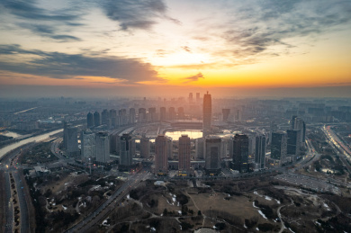 日出时分河南郑州中央商务区CBD城市风光