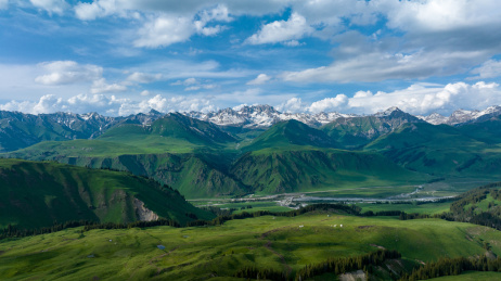 晴天下的中国新疆伊犁独库公路雪山草原风景
