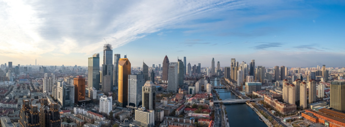 天津海河风景线小白楼商圈城市建筑风光航拍