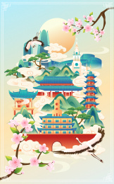 春天国风宁波城市地标建筑彩色矢量插画海报