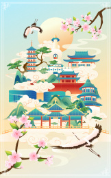 春天国风扬州城市地标建筑彩色矢量插画海报