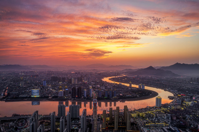 温州鳌江晚霞航拍