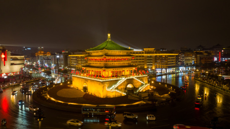 中国陕西省西安市钟楼古代建筑繁华夜景