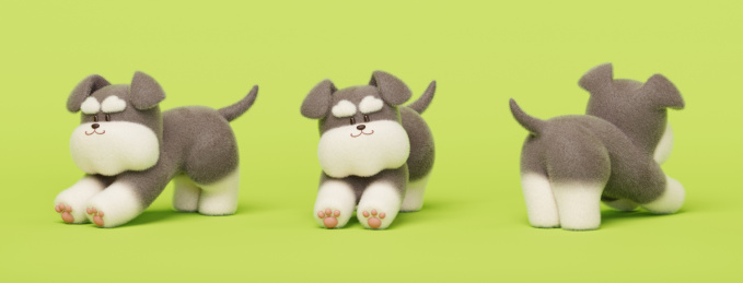 三维不同角度的伸懒腰的雪纳瑞