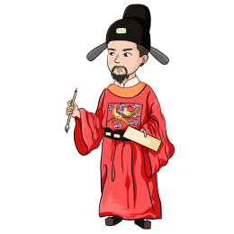 古代人物于谦手拿毛笔头载官帽，手绘插画