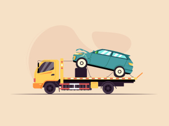拖车正在运送一个破损的汽车矢量扁平插画