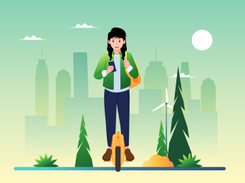 一个女生正在骑着独轮车手拿手机矢量插画