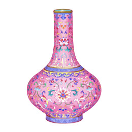 嘉庆粉地粉彩缠枝莲纹直口瓶手绘文物图案