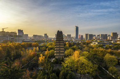 西安小雁塔秋景航拍