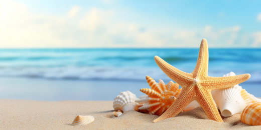 阳光大海沙滩下的海星和贝壳