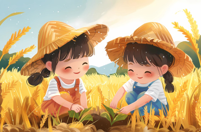 农民在金色麦田水稻里劳作的场景