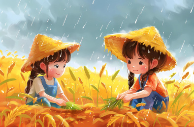农民在金色麦田水稻里劳作的场景