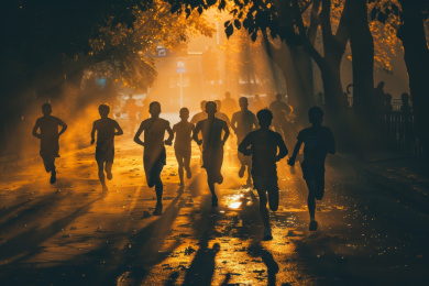 逆光下奔跑的人们剪影
