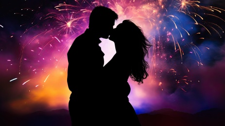 一对恩爱的情侣在夜晚烟花背景接吻的剪影