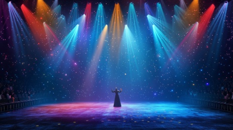 一个站在舞台上背景为星空灯光照耀下的女人