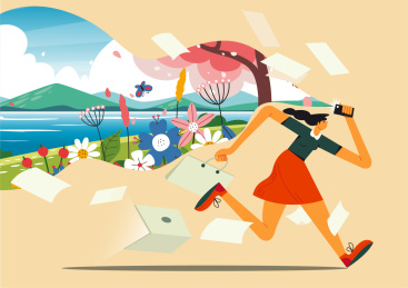 上班的女人抛开手头资料去旅行