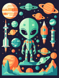 外星人伫立在宇宙中星球飞船宇宙空间插画