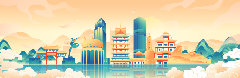 国风兰州城市地标建筑彩色矢量插画海报