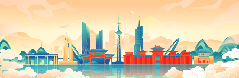 国风南京城市地标建筑彩色矢量插画海报