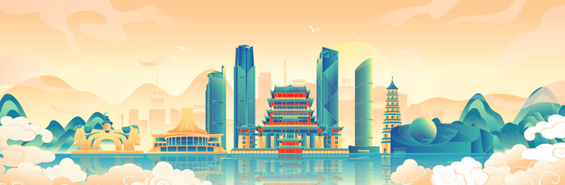 国风南宁城市地标建筑彩色矢量插画海报