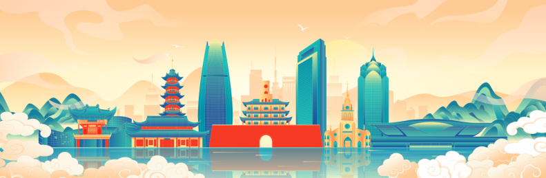 国风宁波城市地标建筑彩色矢量插画海报