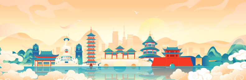 国风扬州城市地标建筑彩色矢量插画海报