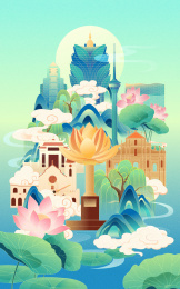 国风澳门城市地标建筑夏季节气矢量插画