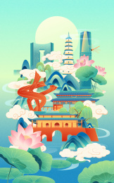 国风东莞城市地标建筑夏季节气矢量插画
