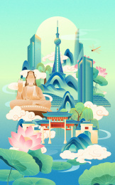 国风佛山城市地标建筑夏季节气矢量插画