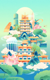 国风兰州城市地标建筑夏季节气矢量插画