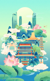 国风南宁城市地标建筑夏季节气矢量插画