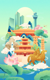 国风泉州城市地标建筑夏季节气矢量插画