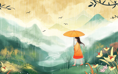 春天谷雨季节打伞的出游的女生