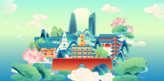 国风宁波城市地标建筑夏季节气矢量海报