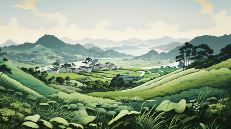 中国南方乡村田野农田水粉插画