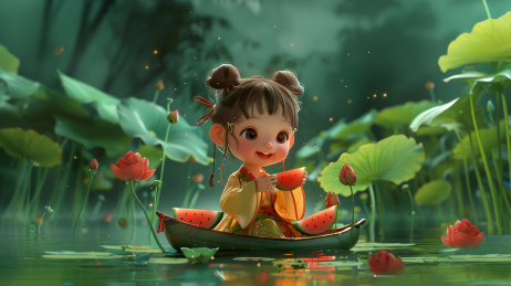 夏天在荷塘小船上吃西瓜的小女孩