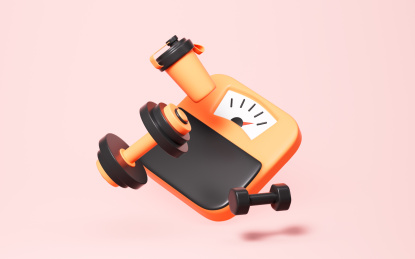 卡通体重称和哑铃杠铃运动概念3D渲染