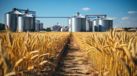 金黄色的麦田和远处的筒仓