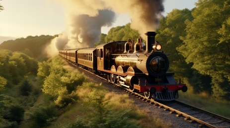 绿荫森林中行驶的蒸汽火车