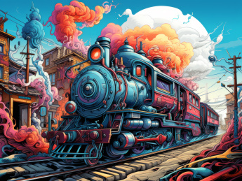 蒸汽火车穿越小镇色彩鲜艳抽象插画