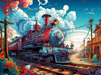蒸汽火车穿越小镇色彩鲜艳抽象插画