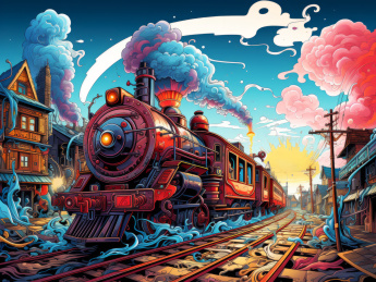 蒸汽火车穿越小镇色彩鲜艳抽象插画