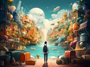 旅行者眺望着奇幻城市