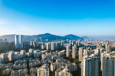 东珠海香洲区城市楼宇晨光航拍