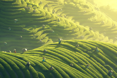 清晨茶山上采茶的人