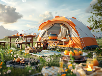 晴朗的天气，又到了露营的季节，草地上陈列