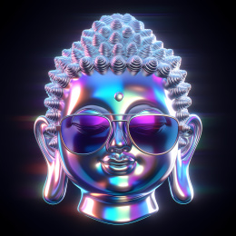 佛头戴着墨镜时尚全息色彩3D插画