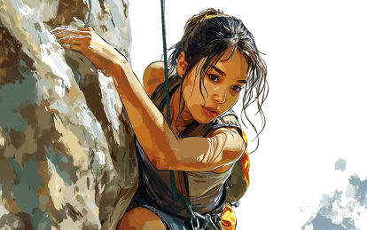 一个女生正在悬崖上登山攀岩