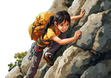 一个女生正在悬崖上登山攀岩